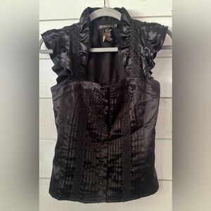 Grass Collection Top Blouse Corset-style Black Satin  Ruffles XS